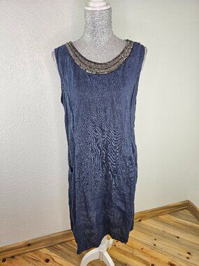 Lina Tomei Linen Shift Dress Beaded Sleeveless Navy Blue